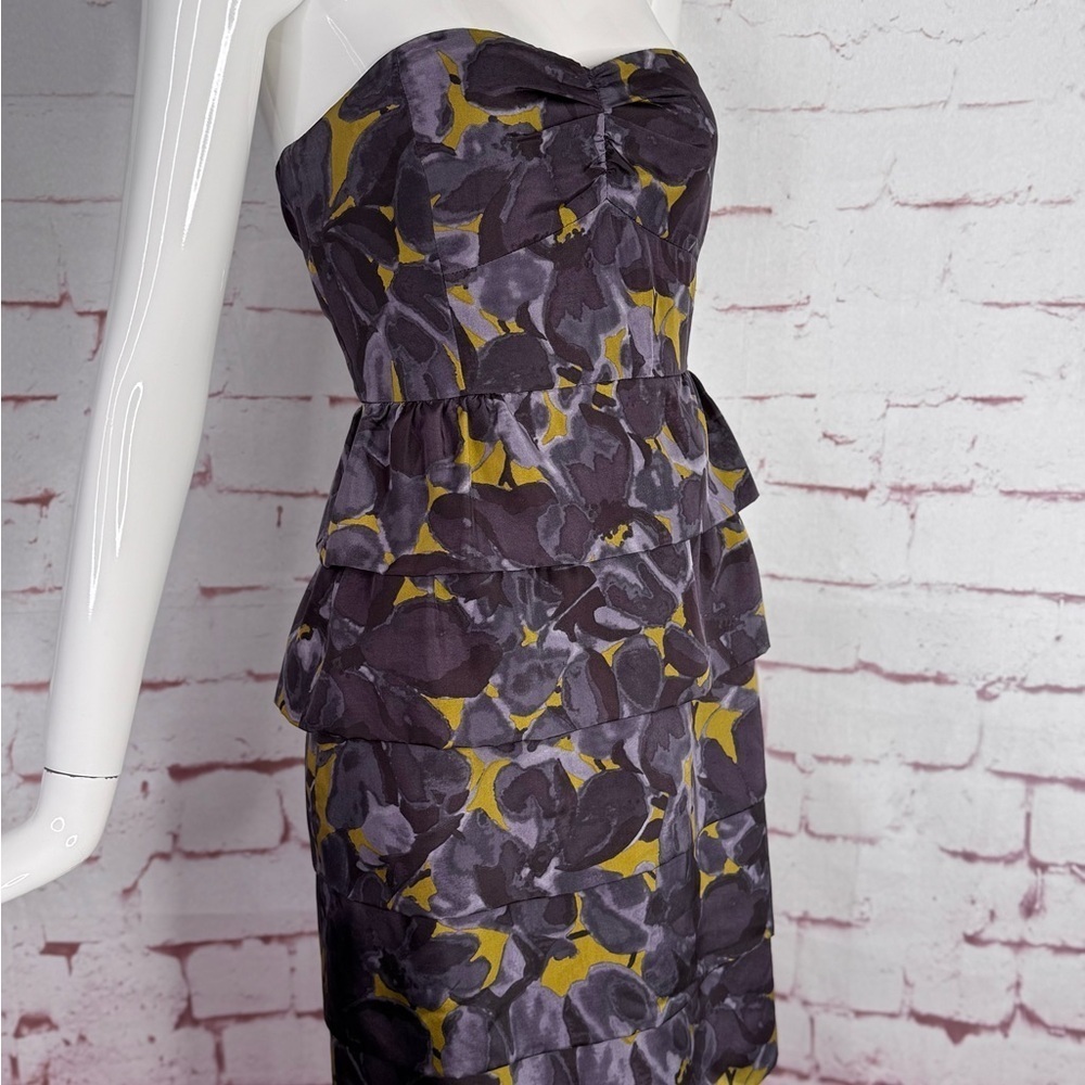 J. CREW 4 Floral Tiered Ruffle Strapless Grey Olive Layered Mini Cocktail Dress - Picture 14 of 14